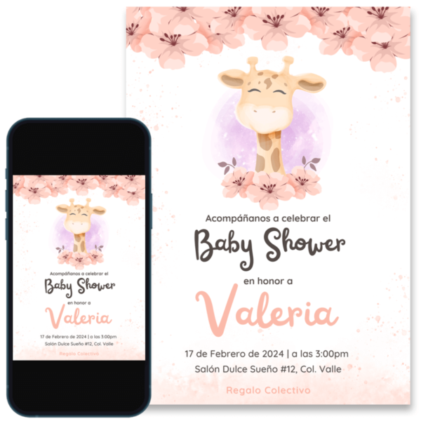 Invitacion-baby-shower-niña-jirafita invitación digital para baby shower para niña de jirafita