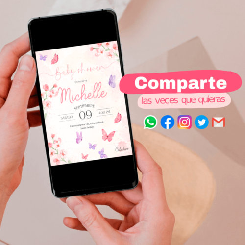 invitación digital para baby shower de mariposas, comparte las veces que quieras por correo y redes sociales