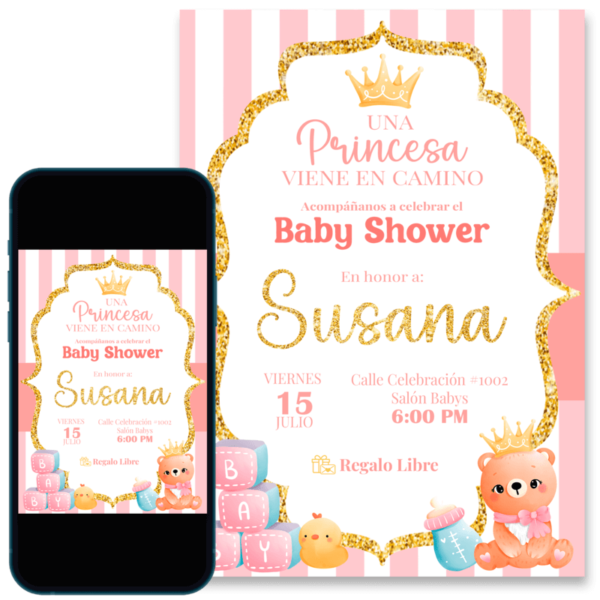 invitacion-baby shower-princesa-osita invitación digital para baby shower de princesa osita