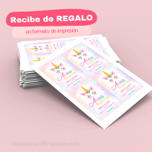 invitación digital unicornio, recibe de regalo un formato de impresión, el formato es en PDF tamaño carta